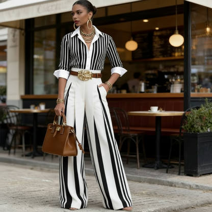 👚 50% OFF NOW! 👖 Women's Striped Shirt & Wide-Leg Pants 2-Piece Set – Vertical Stripes, Breathable Fabric & Versatile Style ✨