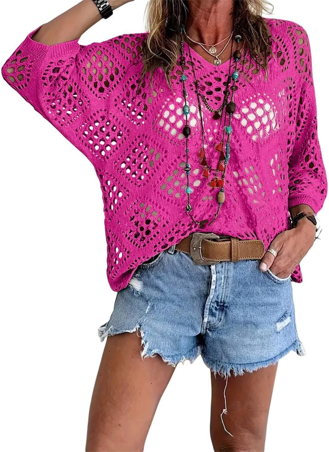 ⏰Last day sale 50% OFF🔥Hot Sale-Womens Bohemian-Inspired Beige Crochet Top with V-Neck