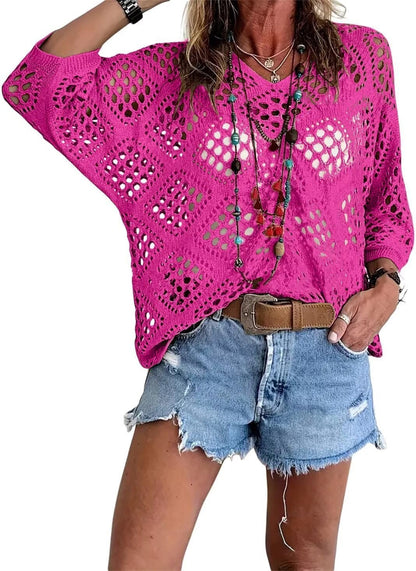 ⏰Last day sale 50% OFF🔥Hot Sale-Womens Bohemian-Inspired Beige Crochet Top with V-Neck
