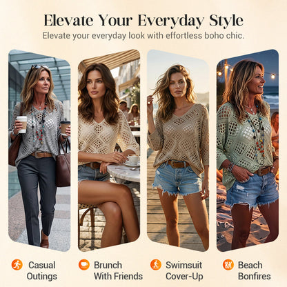⏰Last day sale 50% OFF🔥Hot Sale-Womens Bohemian-Inspired Beige Crochet Top with V-Neck