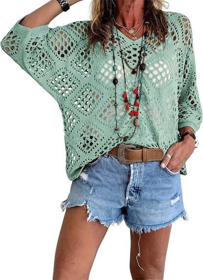 ⏰Last day sale 50% OFF🔥Hot Sale-Womens Bohemian-Inspired Beige Crochet Top with V-Neck