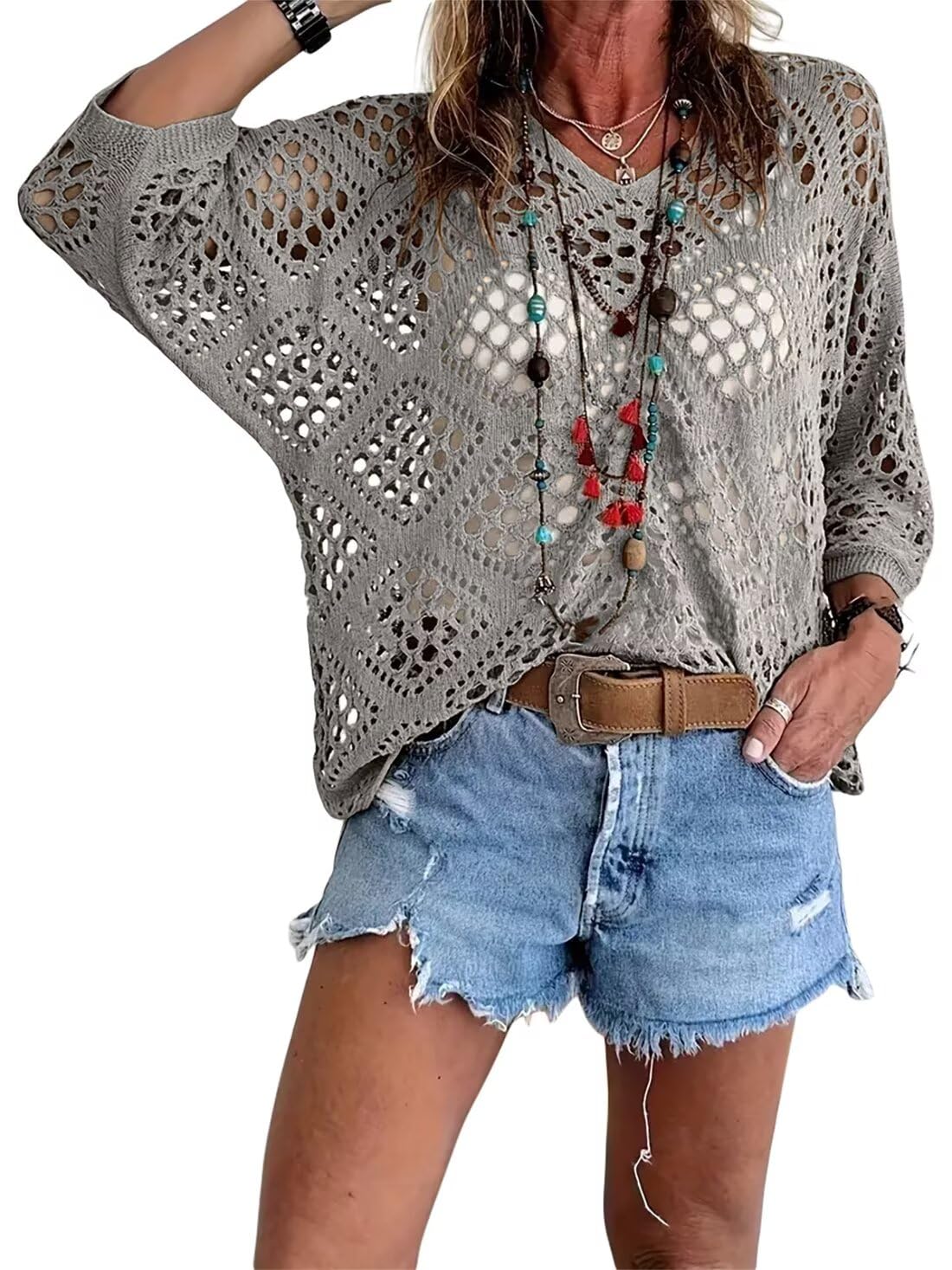 ⏰Last day sale 50% OFF🔥Hot Sale-Womens Bohemian-Inspired Beige Crochet Top with V-Neck