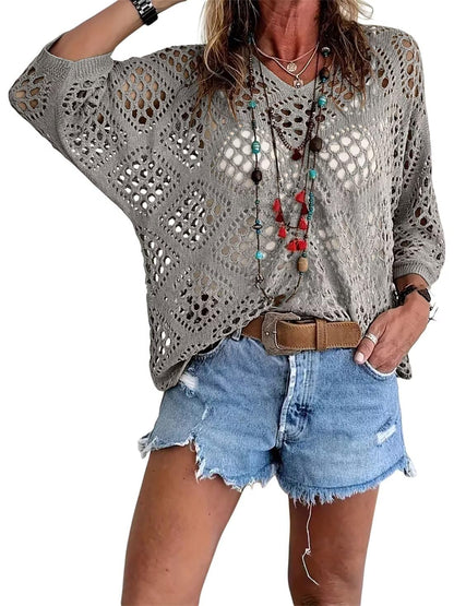 ⏰Last day sale 50% OFF🔥Hot Sale-Womens Bohemian-Inspired Beige Crochet Top with V-Neck