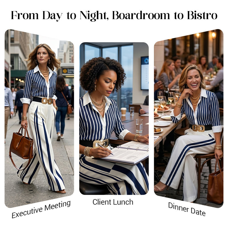👚 50% OFF NOW! 👖 Women's Striped Shirt & Wide-Leg Pants 2-Piece Set – Vertical Stripes, Breathable Fabric & Versatile Style ✨