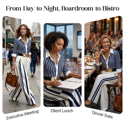 👚 50% OFF NOW! 👖 Women's Striped Shirt & Wide-Leg Pants 2-Piece Set – Vertical Stripes, Breathable Fabric & Versatile Style ✨