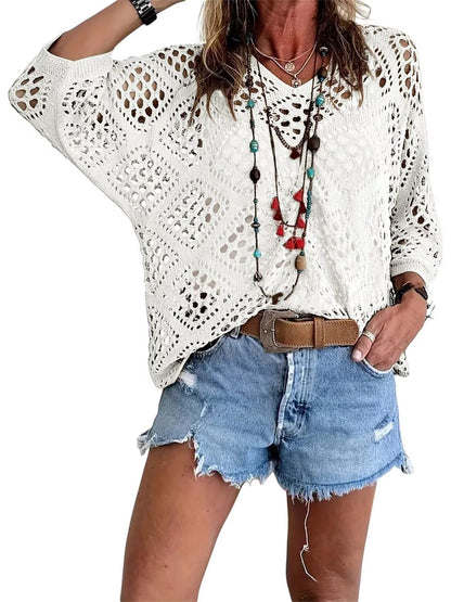 ⏰Last day sale 50% OFF🔥Hot Sale-Womens Bohemian-Inspired Beige Crochet Top with V-Neck