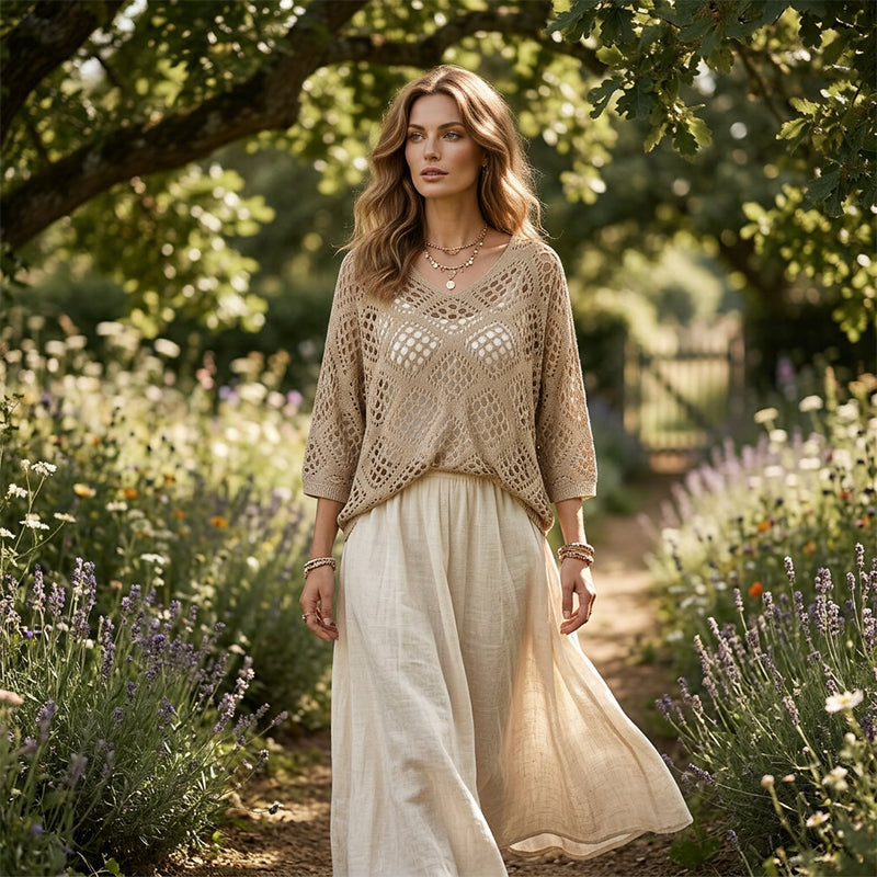 ⏰Last day sale 50% OFF🔥Hot Sale-Womens Bohemian-Inspired Beige Crochet Top with V-Neck