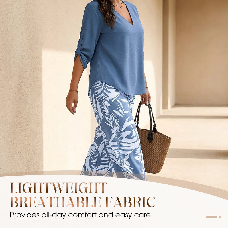 🥳2026 HOT SALE 50% OFF! 🥳 💞Women's V-Neck Blouse & Printed Wide-Leg Pants Set