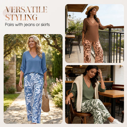 🥳2026 HOT SALE 50% OFF! 🥳 💞Women's V-Neck Blouse & Printed Wide-Leg Pants Set