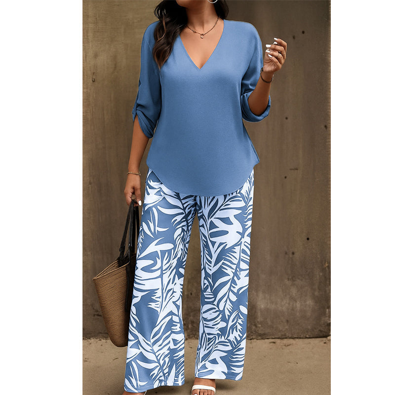 🥳2026 HOT SALE 50% OFF! 🥳 💞Women's V-Neck Blouse & Printed Wide-Leg Pants Set