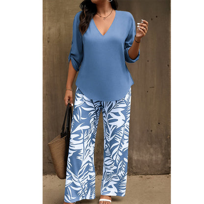 🥳2026 HOT SALE 50% OFF! 🥳 💞Women's V-Neck Blouse & Printed Wide-Leg Pants Set
