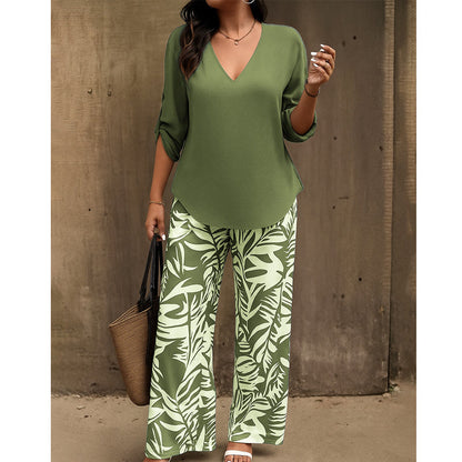 🥳2026 HOT SALE 50% OFF! 🥳 💞Women's V-Neck Blouse & Printed Wide-Leg Pants Set