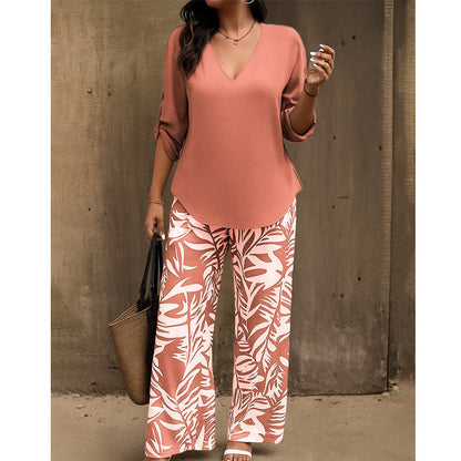 🥳2026 HOT SALE 50% OFF! 🥳 💞Women's V-Neck Blouse & Printed Wide-Leg Pants Set