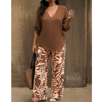 🥳2026 HOT SALE 50% OFF! 🥳 💞Women's V-Neck Blouse & Printed Wide-Leg Pants Set