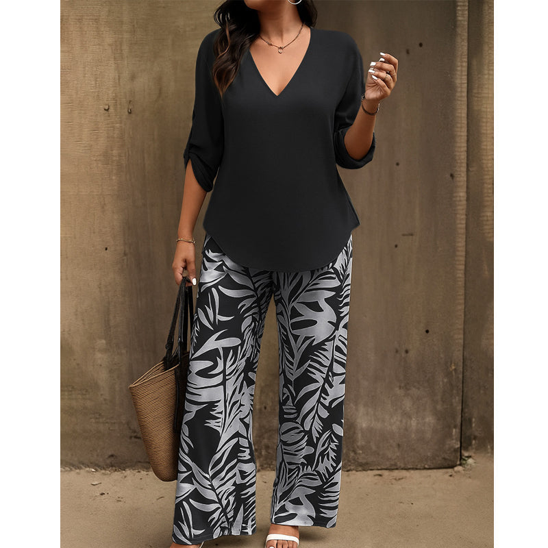 🥳2026 HOT SALE 50% OFF! 🥳 💞Women's V-Neck Blouse & Printed Wide-Leg Pants Set