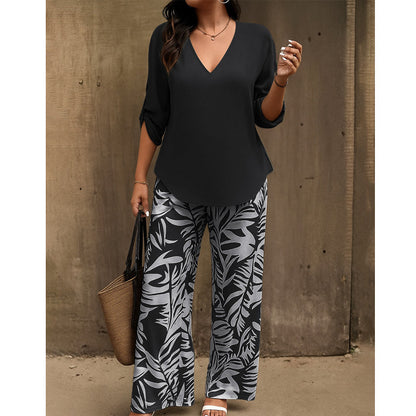 🥳2026 HOT SALE 50% OFF! 🥳 💞Women's V-Neck Blouse & Printed Wide-Leg Pants Set